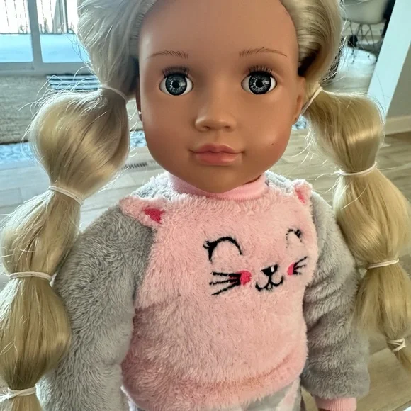 Our Generation 18” Doll wearing Pink & Gray Cozy Cat Pajamas - Picture 8 of 8